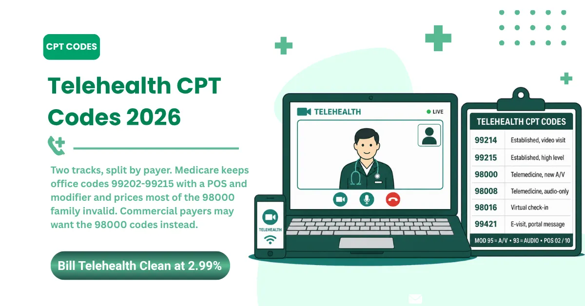 Telehealth CPT Codes 2026: Full List, Modifiers, POS and Denials